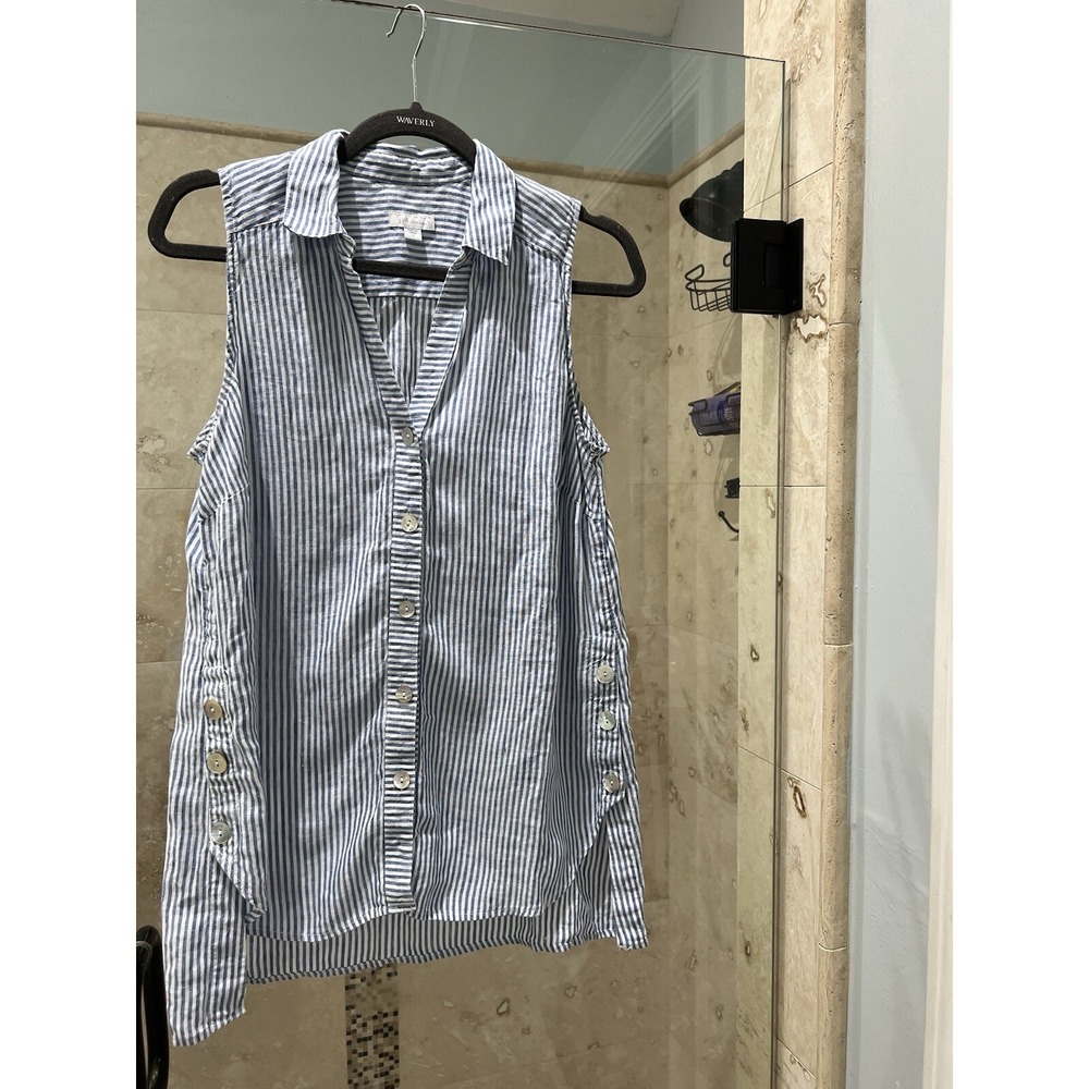 J. Jill Love Linen Sleeveless Blouse Blue White Stripe Button Front Shirt Small